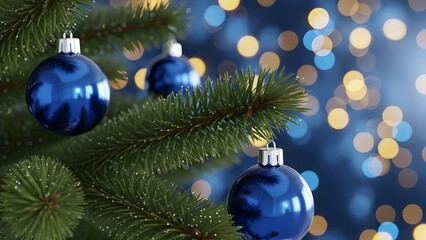 Obraz premium Blue Christmas Ornaments Hanging on Pine Tree with Bokeh Lights Background