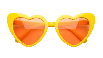 Isolated sunglasses with heart-shaped bright yellow frames and orange lenses on seamless backdrop