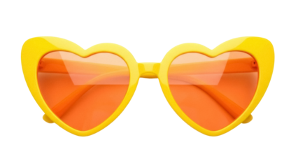 Isolated sunglasses with heart-shaped bright yellow frames and orange lenses on seamless backdrop