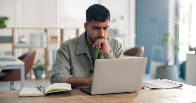 Media agency, laptop and man in office, thinking and planning for creative project. Person, choice or employee with solution, problem solving or website info with marketing proposal or online reading