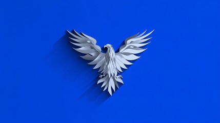 Obraz premium A striking artistic rendering of a majestic bird with extended wings, rendered in 3D against a vibrant blue background, creating a sense of elevation