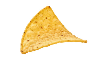 Isolated golden tortilla chip, triangular corn chip snack food for parties and lunchboxes