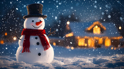 Fototapeta premium A snowman in a top hat stands in a yard in front of a cozy private home on Christmas Eve during a snowfall