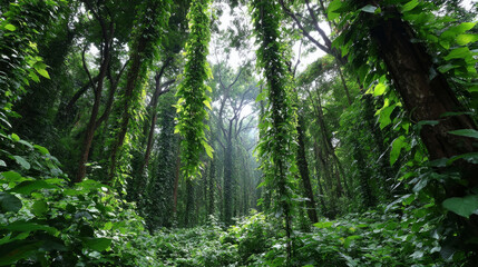 Fototapeta premium Beautiful forest background for screensaver. with sunbeams. Calm close-up of fairytale forest and nature landscape, panorama. Summer vacation, holiday, amazing nature.