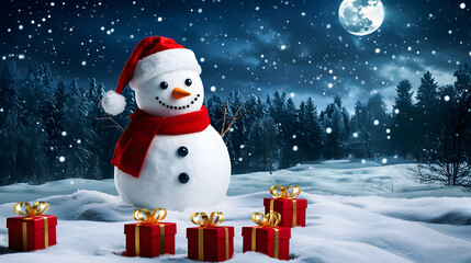A festive snowman with gift boxes stands in a snow-covered clearing in a winter forest on Christmas Eve, against the backdrop of a starry sky and a full moon, creating a magical winter mood