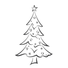 Christmas tree with decorations. Black and white fir tree sketch. Hand drawn silhouette of Christmas tree. New Year's tree.
