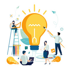 Vector illustration. Ideas are important for your business, entrepreneurial journey. People, workers girls and boys with office tools creative group drawing new idea. Finance development concept