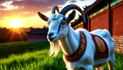 A goat with a red and gold blanket on its back stands in a field