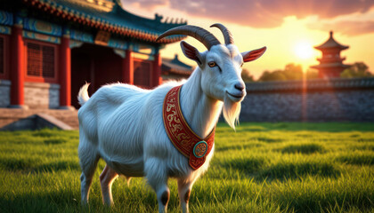 A white goat with a red band around its neck stands in a grassy field