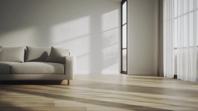 Modern interior design of a new open living room in a light loft apartment featuring a sofa on parquet wood floors with a large window and empty wall space
