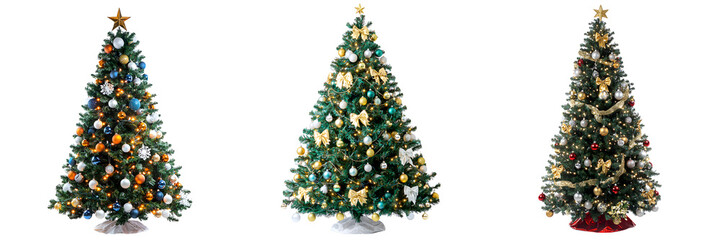 Set of luxurious, beautiful decorated Christmas trees isolated on a transparent background PNG