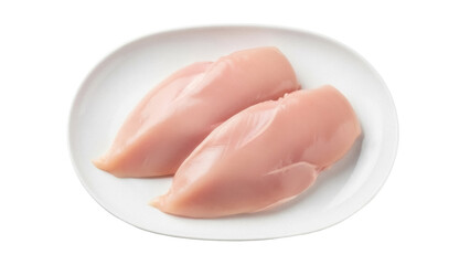 Isolated raw chicken breasts on plate ready for cooking, poultry meat, culinary preparation