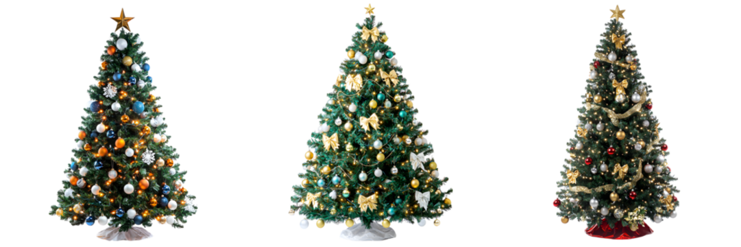 Set of luxurious, beautiful decorated Christmas trees isolated on a transparent background PNG - Powered by Adobe