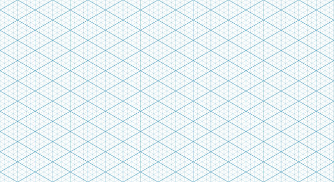 An isometric blue triangular grid on paper. Rulers, guides, and precise markings are included. Vector background template for blueprints, architectural plans, and technical graphics.
