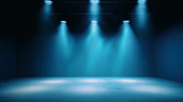 Dark Empty Room Lit by Blue Spotlights with Concrete Floor Creating an Atmospheric and Mysterious Ambience Ideal for Showcasing Artistic Installations and Theatrical