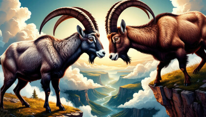 Two goats are standing on a cliff overlooking a river