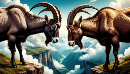 Two goats are standing on a cliff, one is brown and the other is black