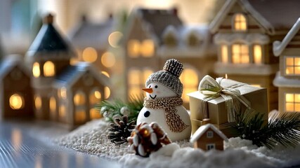 Snowman and present in a christmas village display on a table with small houses, pine cones, and fake snow