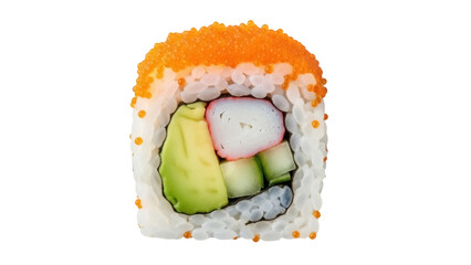 Isolated roll of sushi with crab, avocado and orange roe, served as a Japanese food item © Aline