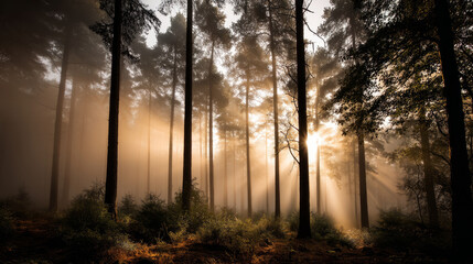 Obraz premium Beautiful forest background for screensaver. with sunbeams. Calm close-up of fairytale forest and nature landscape, panorama. Summer vacation, holiday, amazing nature.