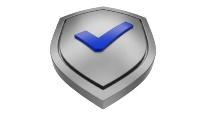 Isolated silver shield with blue check mark, data protection, cybersecurity concept