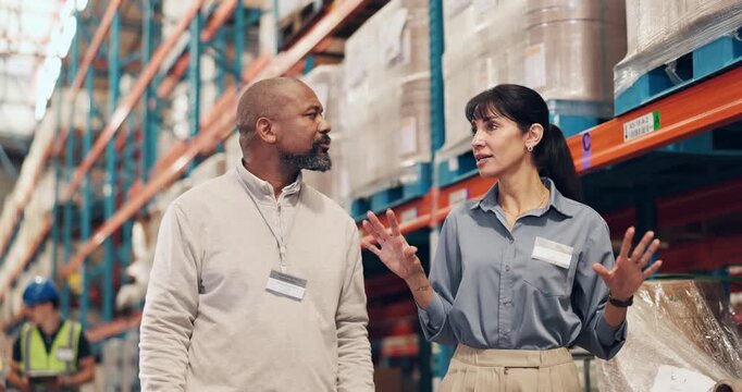 Logistics, talking and people in warehouse, feedback and inspection with storage quality control. Employees, man and woman in factory, inventory check and monitor export with shipping schedule