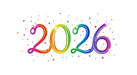 Happy New Year 2026 Rainbow Typography | Vibrant Colorful Year 2026 Text with Confetti Sparkles