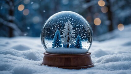 Serene snow globe with winter forest scene on wooden base. Magical glass snow globe in snowy landscape at twilight. Cozy winter wonderland snow globe with pine trees and falling snow.