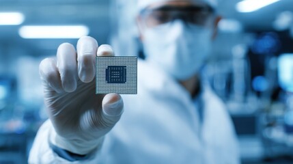 Scientist holding advanced computer microchip in lab