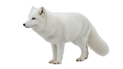 Isolated Standing Arctic Fox Posing Calmly in Winter with Soft Fur and Long Tail, Mammal