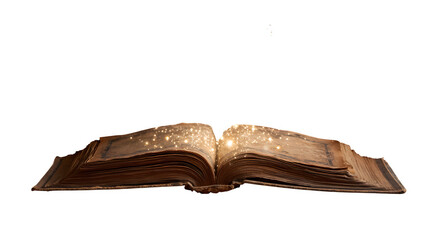 Open antique book with magical light, isolated on transparent background