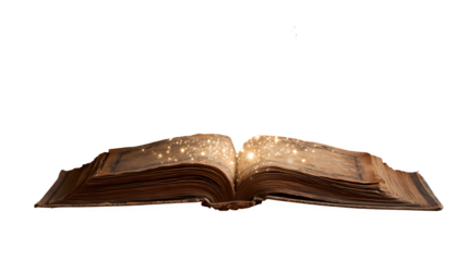 Open antique book with magical light, isolated on transparent background