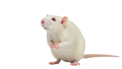 Isolated albino rat standing upright, looking up cutely, studio shot of adorable rodent