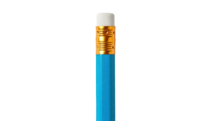 Isolated cyan pencil with eraser and gold metal band, stationery item for writing and drawing