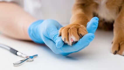 vet holding puppys paw on blue glove with shallow depth and clean medical mood