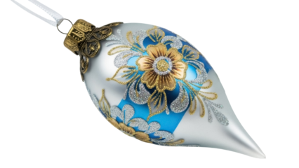 Isolated Christmas ornament, drop shape, vintage-style floral design for Christmas holidays