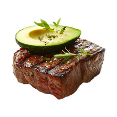 Grilled steak with avocado garnish on a transparent background
