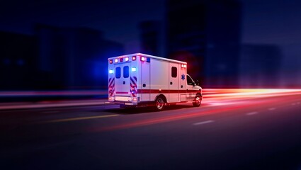 Night ambulance with flashing lights parked on road shoulder with long exposure glow and dark scene