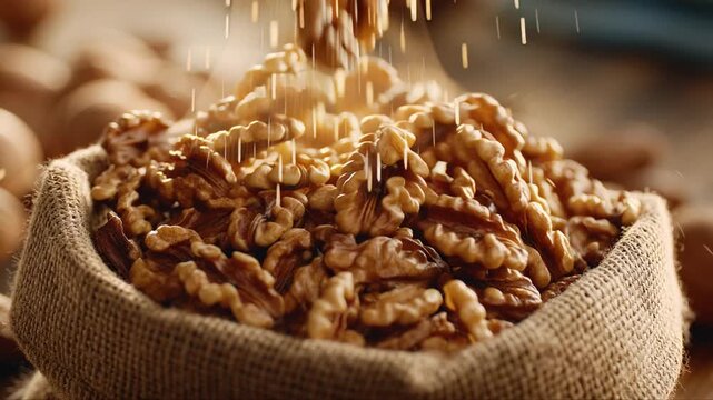 Nature's Bounty: A close-up view showcasing a rustic sack overflowing with freshly harvested walnuts, symbolizing nature's abundance and the pure essence of wholesome goodness.