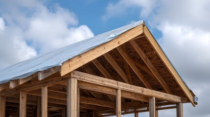 Fototapeta premium Unfinished wooden house framing with exposed roof trusses and a protective tarp under a cloudy blue sky