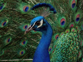 Obraz premium Vibrant blue peacock displaying intricate feather detail