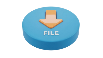 Isolated Blue Round Button with File Text, Down Arrow, Downloading Data from the Cloud