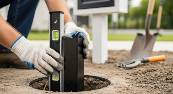Footage of a post sleeve alignment check with a level tool before setting the mailbox post firmly in place.