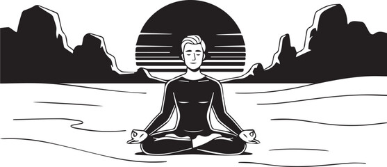 Vector illustration of a woman silhouette sitting in a lotus pose for yoga and zen meditation to promote health, balance, and relaxation