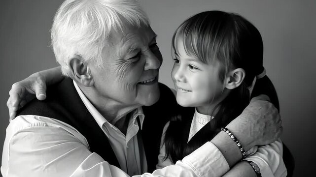 Grandmother and grandchild embrace in black and white studio portrait, celebrating generational love and family connection