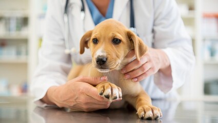vet holding puppys paw while puppy lies calmly on exam table