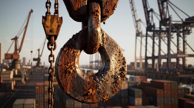 Rusty industrial hook at port