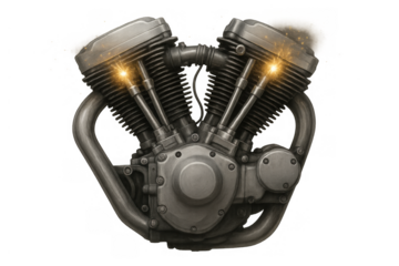 V-twin engine powering up, detailed motorcycle motor, mechanical illustration with sparks, transparent background