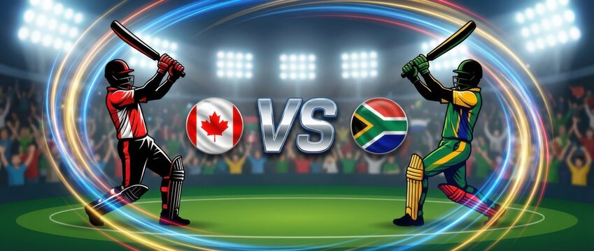 canada vs south africa competitive cricket match poster template featuring two rival batters facing off with raised bats