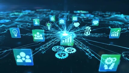 Futuristic digital network connections and data flow with business icons and glowing particles - Powered by Adobe